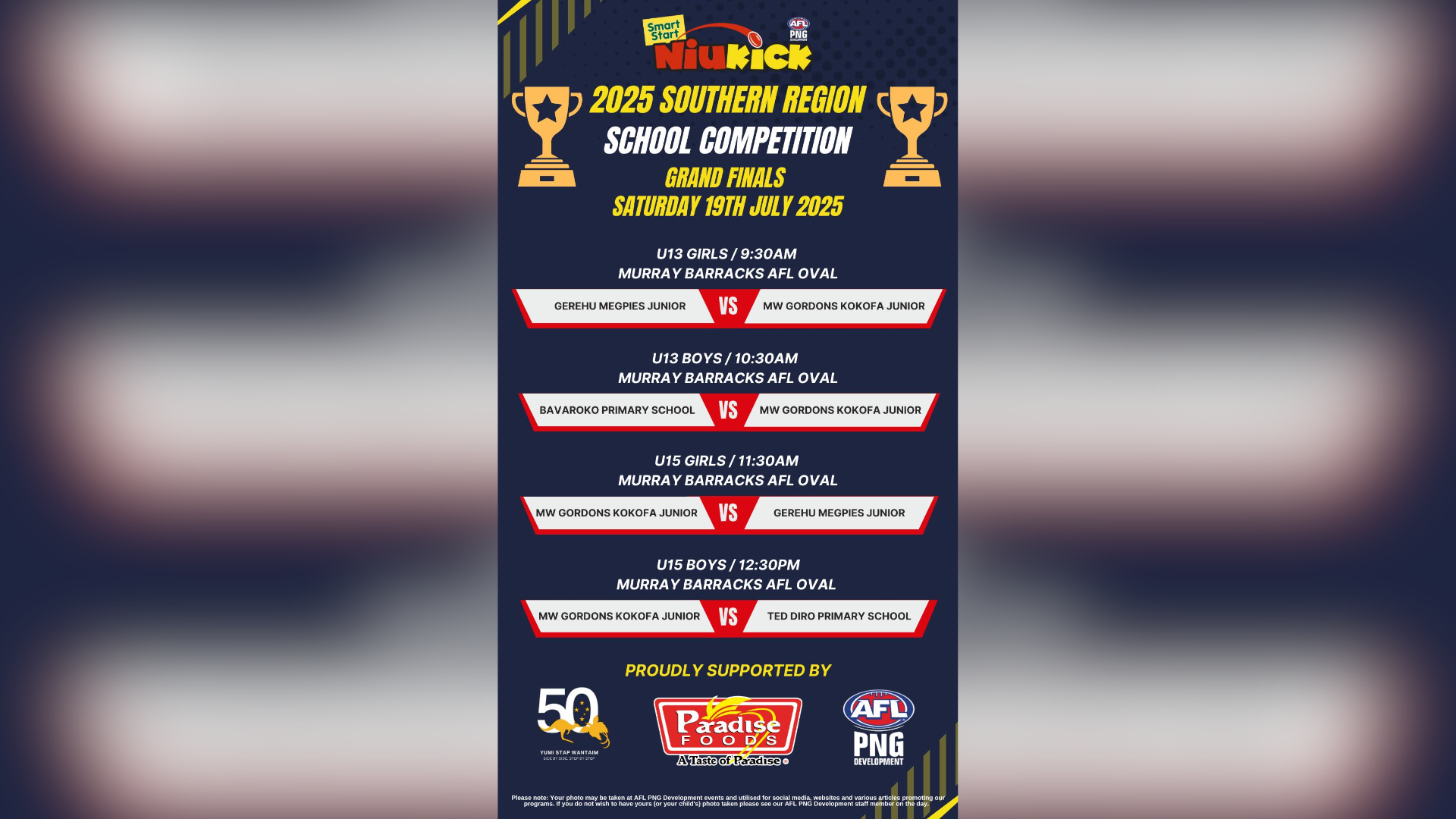 SOUTHERN REGION AFL SCHOOLS GRAND FINAL SET FOR TOMORROW