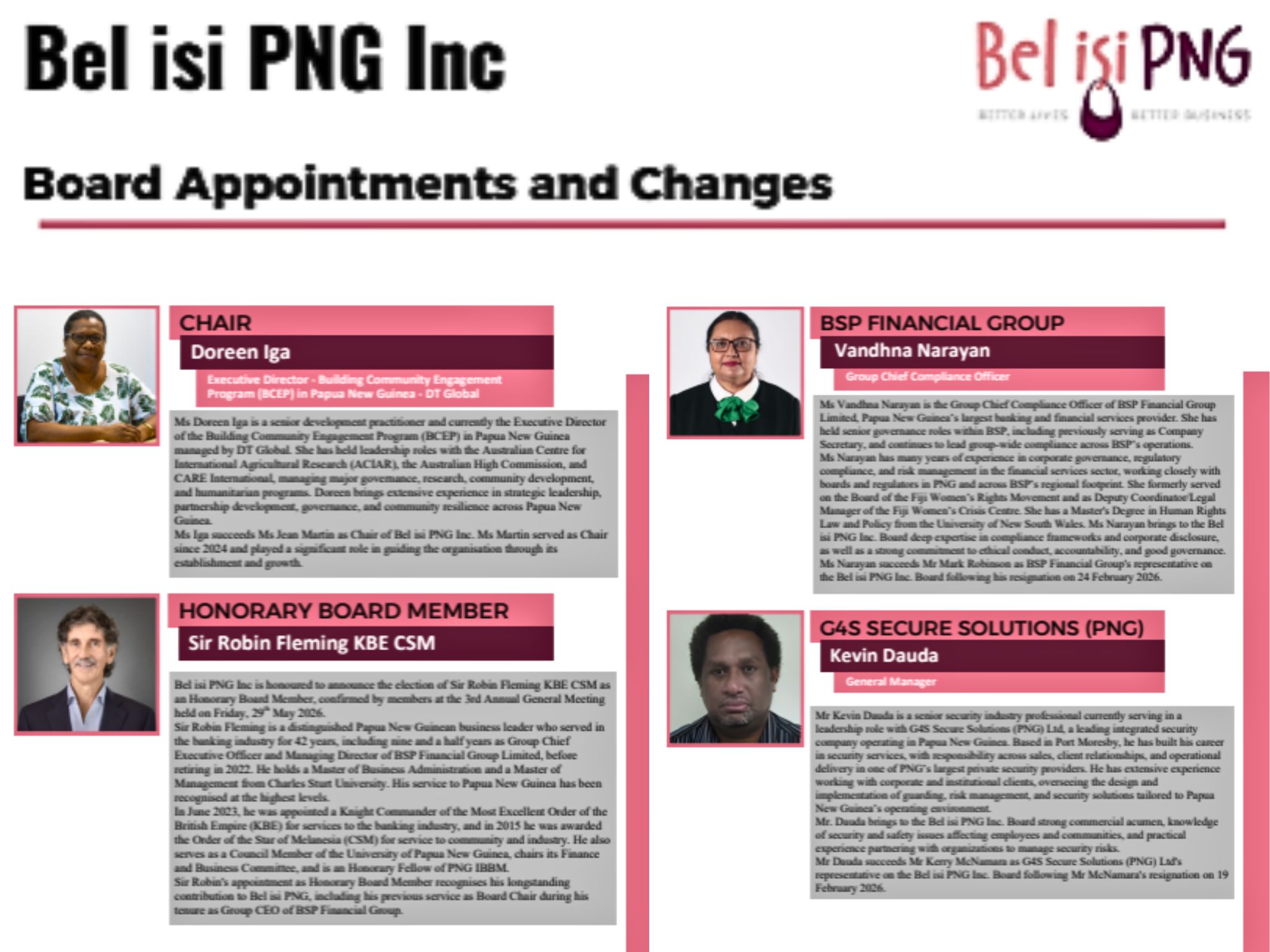 BEL ISI PNG APPOINTS NEW BOARD LEADERSHIP